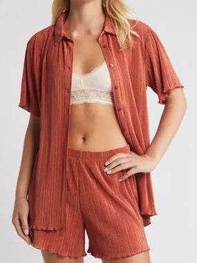 Open Edit Orange Rust Plisse Crinkle Short Pajamas Set - Top and Shorts XL